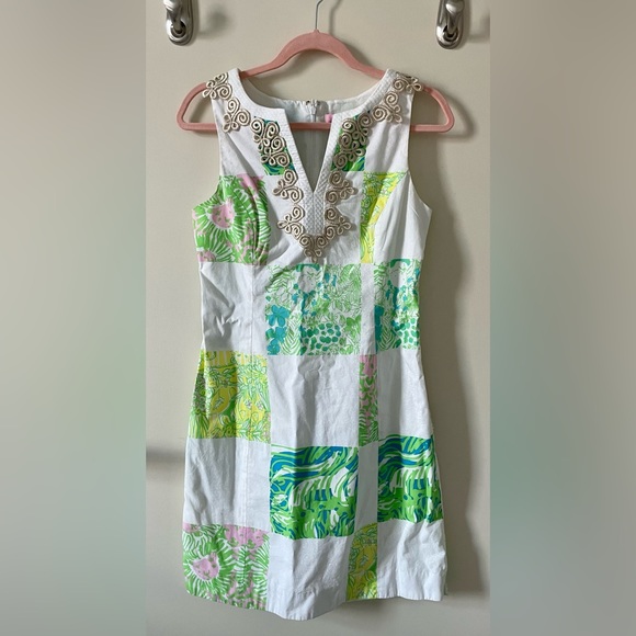 Lilly Pulitzer Dresses & Skirts - Classic Lilly Pulitzer Dress, patchwork pattern with gold lace detailing.